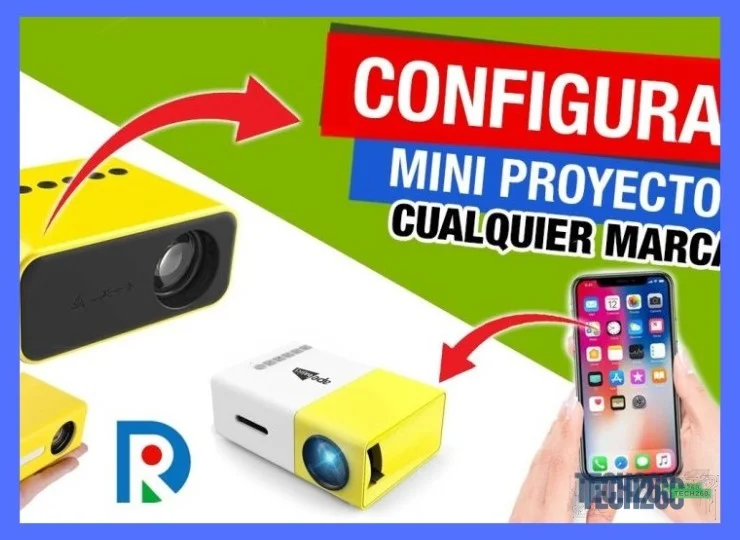 Conexión de un proyector portátil al móvil mediante cable, mostrando pantalla duplicada en pared