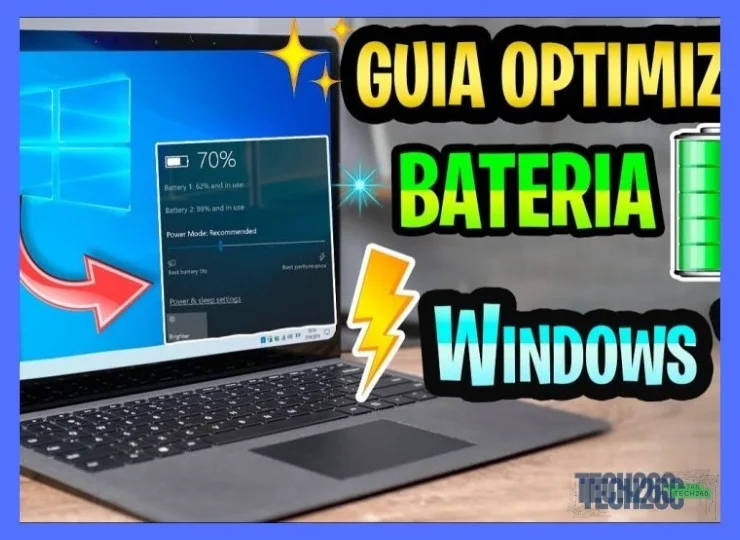 Laptop abierta con íconos de batería, ahorro de energía y ajustes de Windows para optimizar el rendimiento