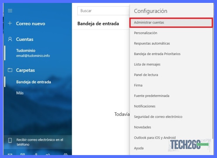 ¿En qué sección o menú de la configuración del sistema operativo móvil se encuentran las opciones para añadir y gestionar cuentas de correo?