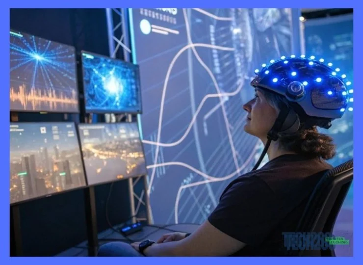 Una persona con un casco con sensores interactúa con una interfaz cerebro-computadora innovadora, mostrando accesibilidad …