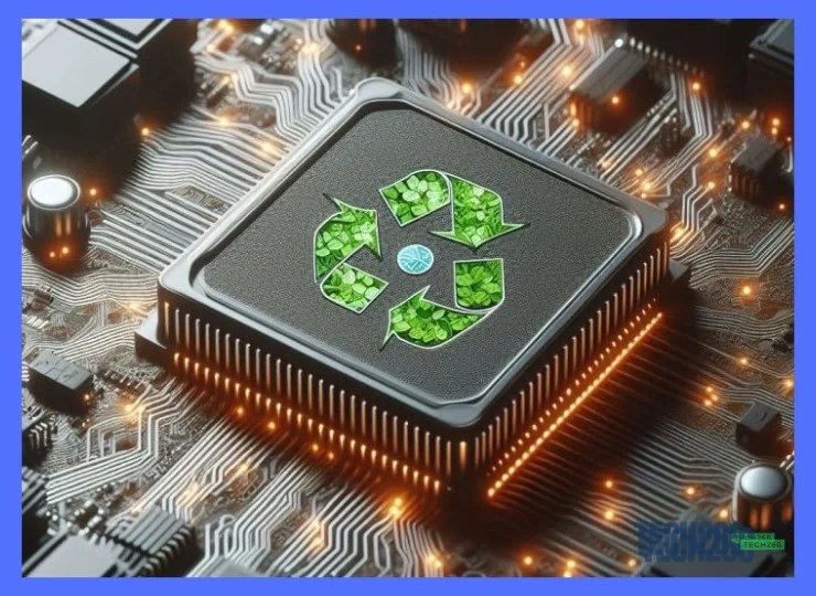Innovación sostenible en fábrica de hardware tecnológico, línea de ensamblaje con materiales reciclados y paneles solares …